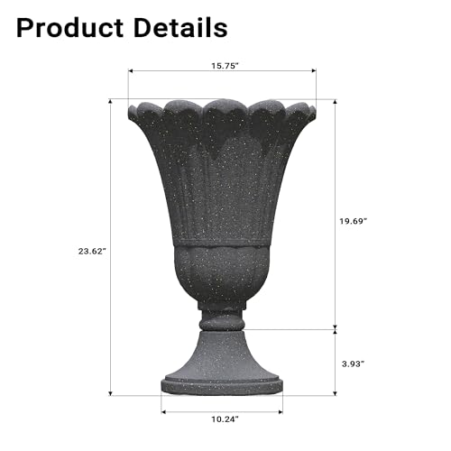 24 Tall Urn Planters Set of 2, Black Outdoor Planter for Porch | HDPE Resin Weather-Resistant Large Planters with Drainage Holes, Lightweight Vintage Petal Design for Patio, Porch, Garden